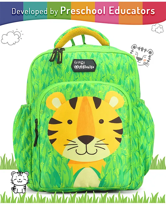 Intelliskills Tito the Tiger Durable School Bag with Comfortable Cushion Padding Green 14 Inches Trendy & Spacious Kids Backpack Unisex Printed School Bag for Boys and Girls