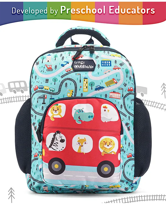 Intelliskills Red Animal Tour Bus Durable School Bag with Comfortable Cushion Padding Red & Blue 15 Inches Trendy & Spacious Kids Backpack Unisex Printed School Bag for Boys and Girls