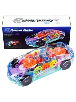 NEGOCIO 360 Degree Bump & Go ABS Plastic Rotating Transparent Concept Racing Car with 3D Flashing Led Lights & Music for Kids PACK OF 1 COLOR MAY VARY