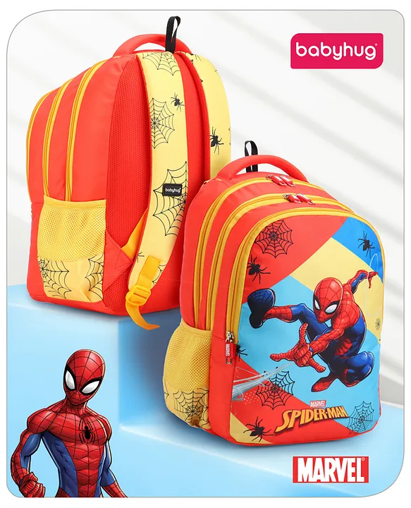 Babyhug Marvel Spiderman School Backpack3 Main Compartments 2 Side Bottle PocketsWater ResistantLong lasting and Durable Zippers Comfortable back cushioning For School Travel and OutdoorsBlue 15 inches