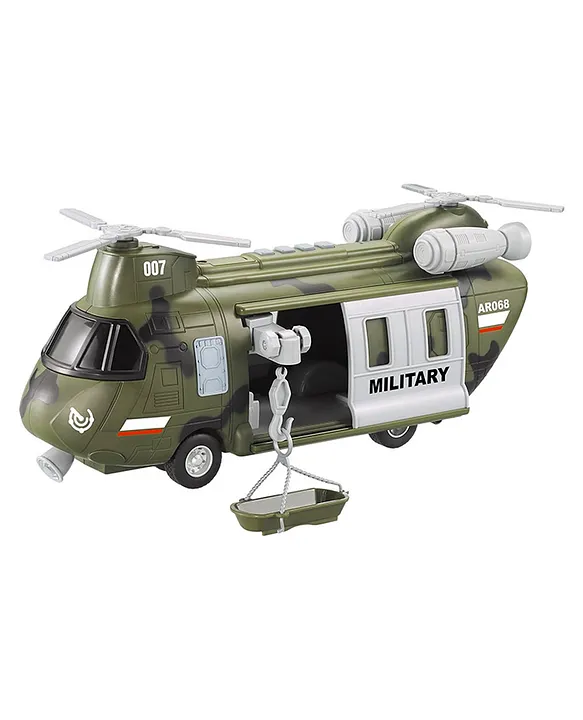 Kidology Army Military Helicopter Toy with Lights & Sounds Push & Go Tandem Rotor with Rescue Basket