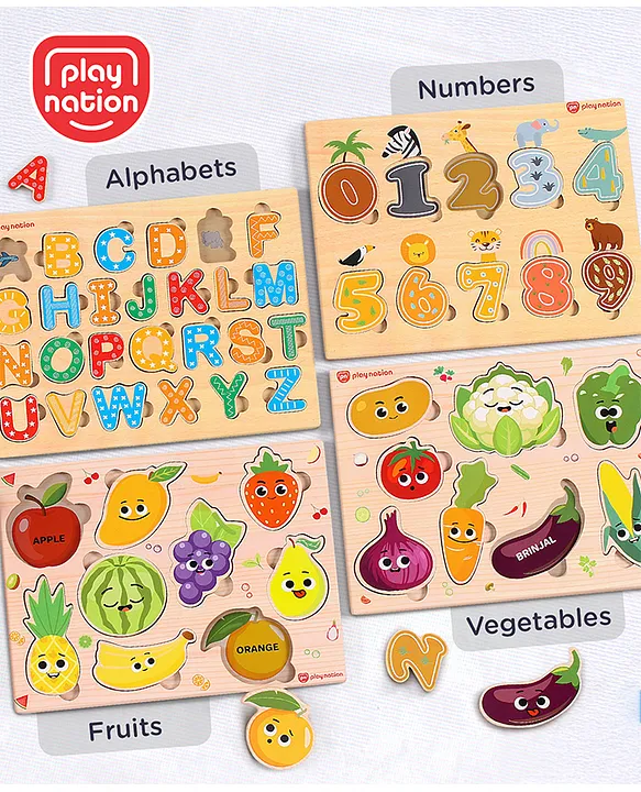 Wooden Educational Puzzles Set of 4 Alphabets Numbers Fruits & Vegetables Fun Learning Toy for Toddlers Safe & NonToxic Ideal for 2+ Years Old Kids BIS Certified