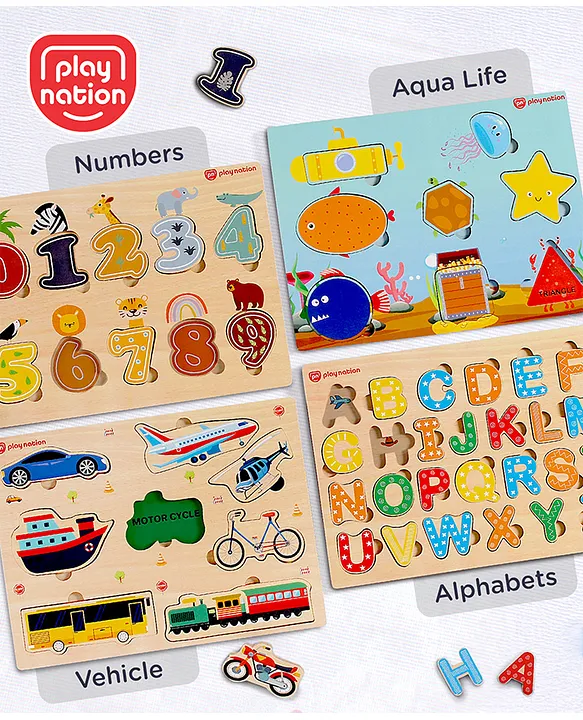 Wooden Educational Puzzles Set of 4 Alphabets Numbers Vehicles & Shapes Fun Learning Toy for Toddlers Safe & NonToxic Ideal for 2+ Years Old Kids BIS Certified