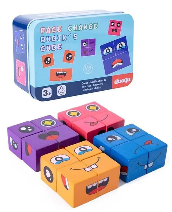 Wooden Emoji Face Changing Cube Puzzle Game Expressions Matching Block Puzzles Building Logical Educational Training Toys 16 Face Blocks & 72 Playing Cards Birthday Gift for Kids Boys Girls