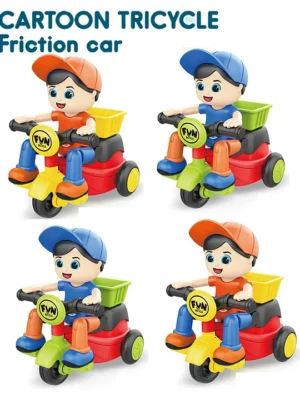 ADKD Friction Powered Mini Tricycle Cartoon Scooter Toy with Inertia & Swing Function Stunt Scooter Toy Cartoon Boy Riding Tricycle Pack of 4 ( color may vary )