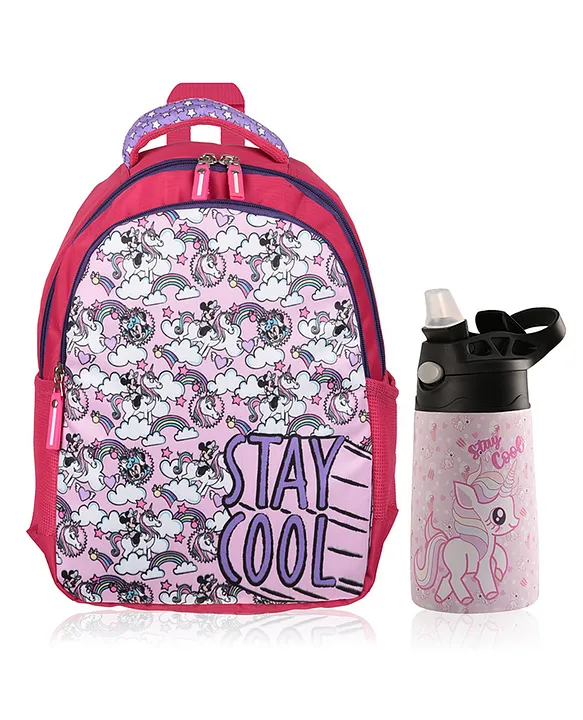 Kuber Industries ( Set of 2 ) Backpack & Water Bottle Combo Set Stay Cool Unicorn SchoolCollege Bag with ( 350 ml ) Insulated Water Bottle Perfect Combo For Adults & Kids Pink Height 17 Inches