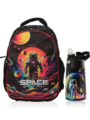 Kuber Industries ( Set of 2 ) Backpack & Water Bottle Combo Set Journey To Space SchoolCollege Bag with ( 350 ml ) Insulated Water Bottle Perfect Combo For Adults & Kids Black Height 17 Inches