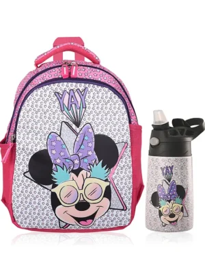 Kuber Industries ( Set of 2 ) Backpack & Water Bottle Combo Set Disney Minnie Star SchoolCollege Bag with ( 350 ml ) Insulated Water Bottle Perfect Combo For Adults & Kids Pink Height 17 Inches