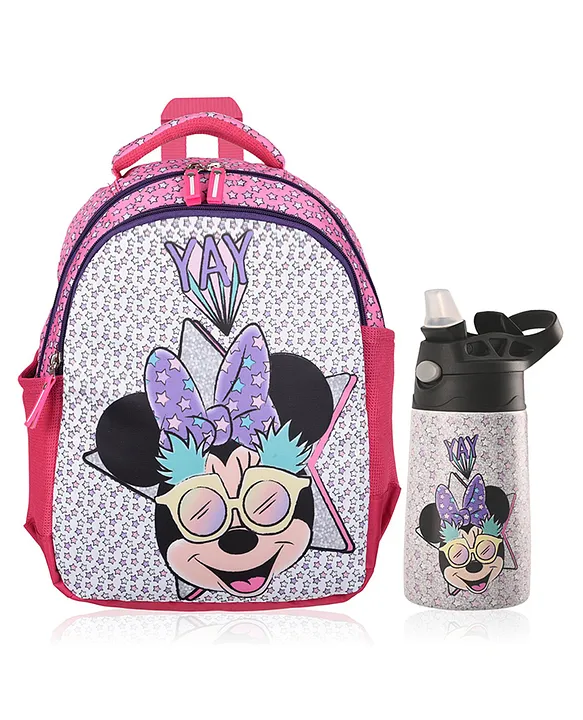Kuber Industries ( Set of 2 ) Backpack & Water Bottle Combo Set Disney Minnie Star SchoolCollege Bag with ( 350 ml ) Insulated Water Bottle Perfect Combo For Adults & Kids Pink Height 17 Inches