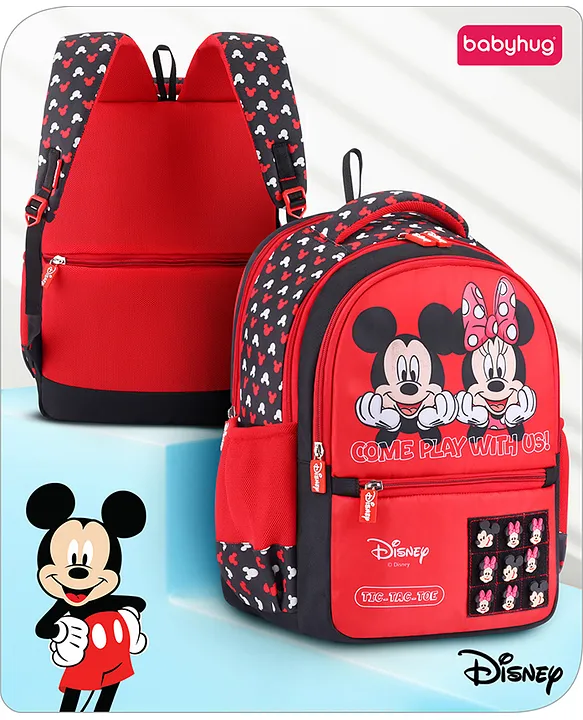 Babyhug Disney Mickey Minni TicTacToe School Backpack3 Main Compartments 1 Front Pocket 2 side Bottle PocketsWater ResistantLong lasting & Durable ZippersFor School & OutdoorsRed 15.8inches