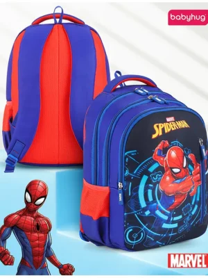 Babyhug Marvel Spiderman School Back Pack 15.8 Inch 3 Compartments 1 Pockets 2 Bottle Pouches Water ResistantPadded Adjustable Shoulder StrapsBreathable Mesh Back Panel Blue Height 15.8Inches