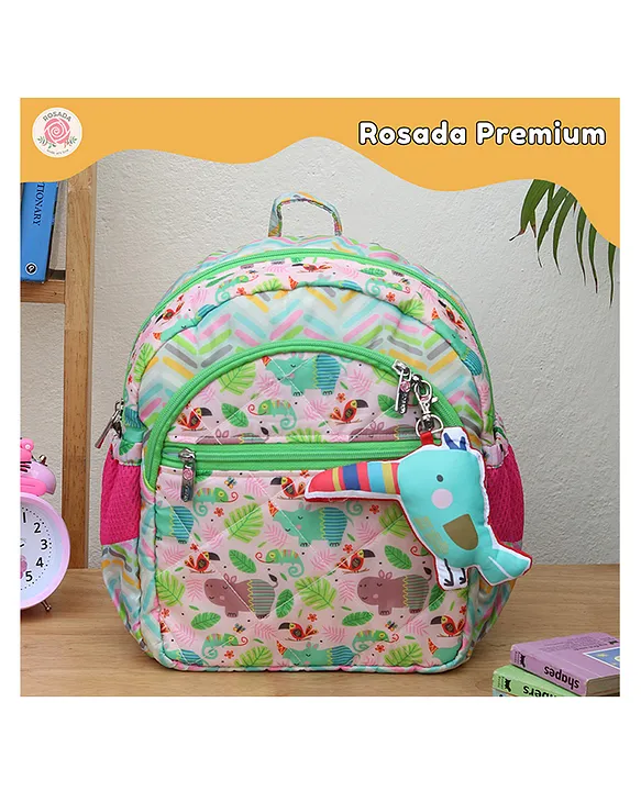 Rosada Pink Hippo Light Weight Durable School Bag with Comfortable Cushion Padding Waterproof Trendy and Spacious Kids Backpack Unisex Stylish Bag for Kids Boys and Girls Large (17 Inches)