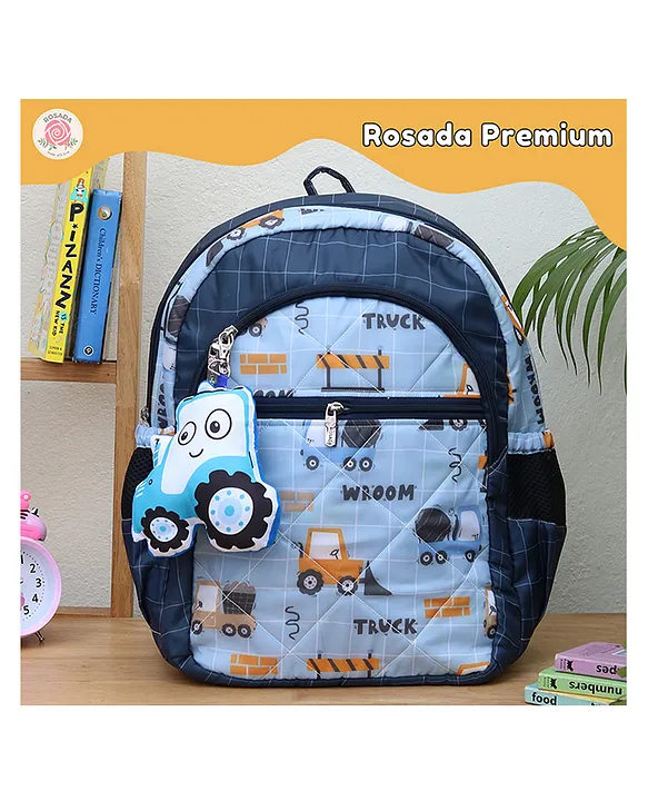 Rosada Blue Truck Light Weight Durable School Bag with Comfortable Cushion Padding Waterproof Trendy and Spacious Kids Backpack Unisex Stylish Bag for Kids Boys and Girls Small (11 Inches)