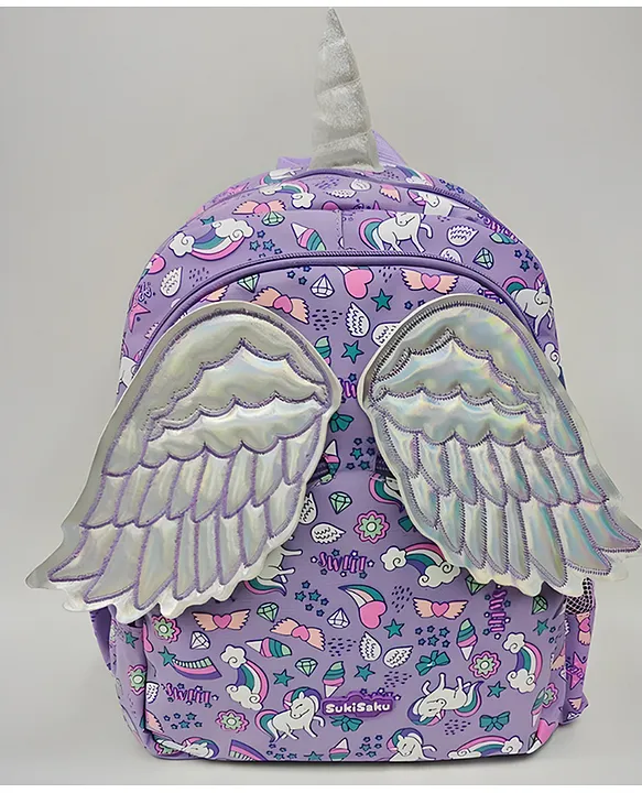 SCHOOLISH Schoolish 3d Unicorn Wings Theme School Bag for Boys and Girls Zippered /padded and Adjustable Shoulder Strap Lightweight Children's Travel Bag Pack of 1 Purple 14 Inch