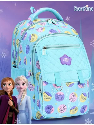Bonfino Disney Frozen Backpack 3 Main Compartments 2 Front Pockets 2 side Bottle PocketsWater ResistantLong lasting & Durable Zippers For School & OutdoorsLight Blue 16inches