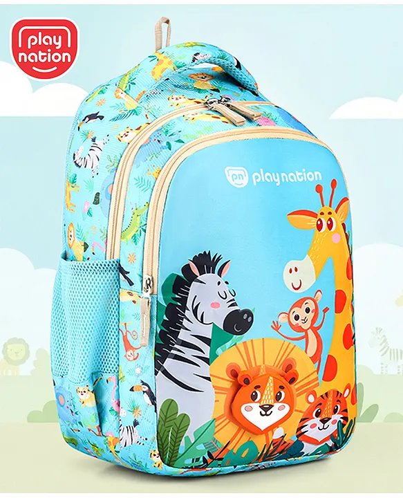 Play Nation Jungle theme School Backpack2 Compartments 1 side Bottle PocketWater ResistantLong lasting & Durable Zippers Comfortable back cushioning For School & OutdoorsBlue 15.8 inches