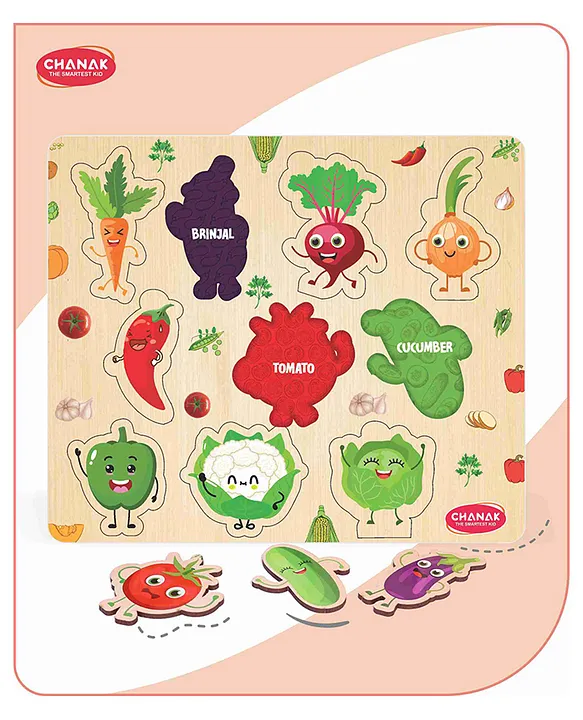 Wooden Vegetable Puzzle With Picture Educational Vegetable Board for Kids 10 Different Vegetables with Funny Faces Montessori Learning Puzzle for Toddlers & Preschoolers Nursery & Kindergarten Age Above 2+ Years