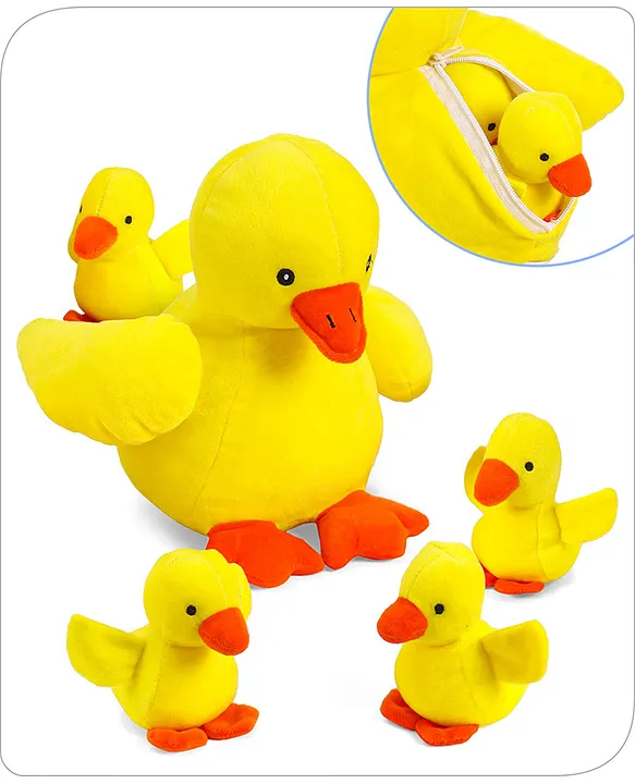 Plush Mother Duck with 4 WindUp Ducklings Yellow 25 cm Mom duck stores 4 baby toys Windup ducklings waddle on their own Encourages nurturing play BIS Certified
