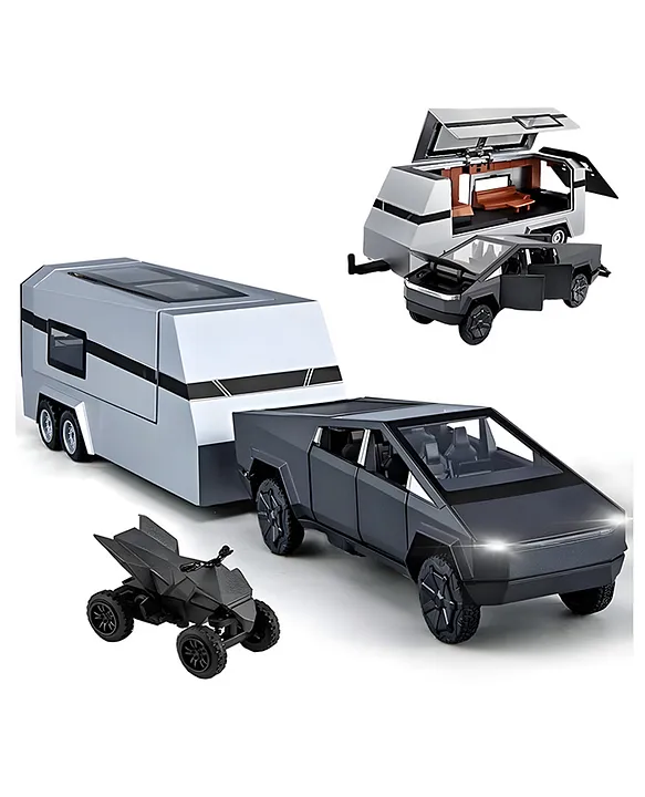 YAMAMA Tesla Cybertruck with Pickup Trailer Alloy Car Model Scale 1:24 Pickup Trailer RV Model Metal PickUp Truck Trailer Toy with Motorcycle Toy Truck with Sound Light Pull Back Realistic Interior Exterio Black