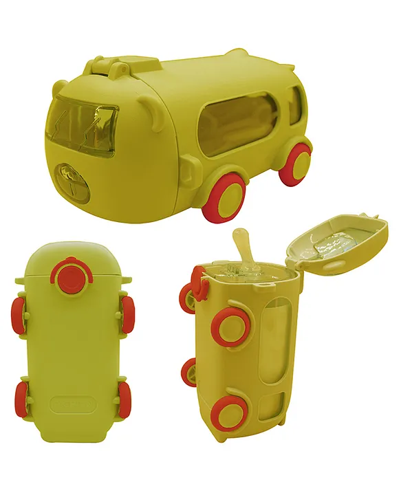 Cute Bear Bus Water Bottle With 500 ml Capacity AntiLeak Kids Water Bottle Bpa Free Hanging Water Bottle With Shoulder Strap Straw Moving Wheel Birthday Return Gift For Kids (Yellow)