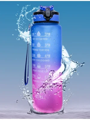 Motivational Sipper Water Bottle with Time & Level Marker Blue Purple 1 Liter