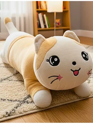 Sleeping Cat Soft Stuffed Plush Animal Toy for Kids Boys & Girls (Size: 35 cm Color: White & Brown)