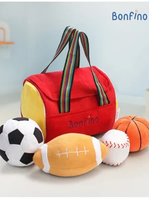 My First Sport Bag 4 Pcs Ball Baseball Basketball Soccer Ball and Football Rattle and Crinkle Sound Red Height 17 cm