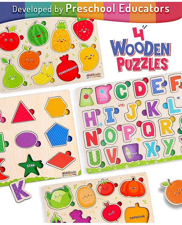 4in1 Wooden Puzzle Tray Set for Kids FruitsVegetablesAlphabet & Shapes Montessori Educational Toy Boosts Vocabulary & Recognition For Gifting BIS Certified Educator Recommended