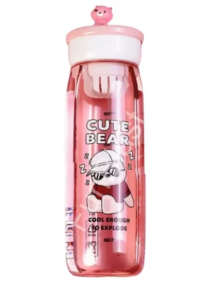 Cartoon Theme Water Bottle with Measuring Scale 600 ml Pink