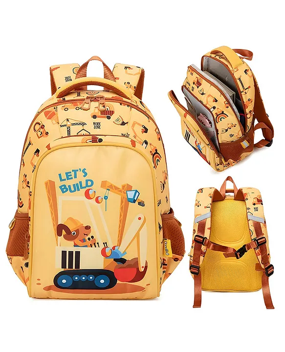 Flaze FLAZE School Bags Construction Printed Yellow Backpack For Kids With Adjustable Straps Feather Weight Multipocket Premium Design Bag For Kids Best For School Picnic Holidays (Height 14 Inch Multicolor)