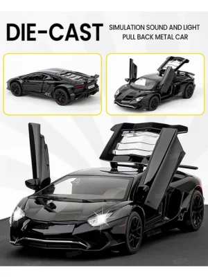 Fiddlerz DieCast Car Toy 1:32 Scale with Pull Back Action LED Lights Openable Doors Realistic Sound Sports Model Metal Car for Kids and Adults (Black)