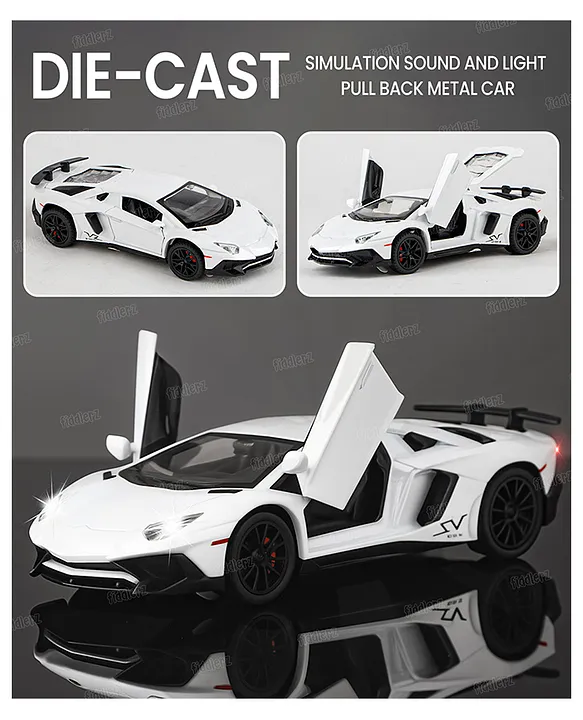 Fiddlerz DieCast Car Toy 1:32 Scale with Pull Back Action LED Lights Openable Doors Realistic Sound Sports Model Metal Car White