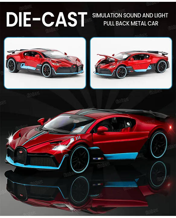 Fiddlerz DieCast Car Toy 1:32 Scale with Pull Back Action LED Lights Openable Doors Realistic Sound Supercar Premium Collectible Model Metal Car for Kids and Adults (Red)