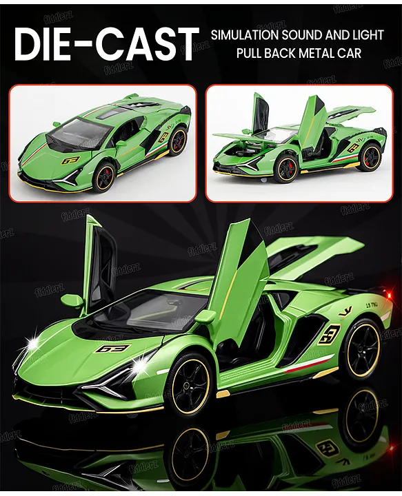 Fiddlerz DieCast Car Toy 1:32 Scale with Pull Back Action Openable Doors LED Lights Realistic Sound Sports Premium Collectible Model Metal Car for Kids and Adults (Green)