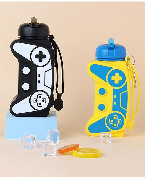 Joystick Design Silicone Water Bottle for Kids LeakProof Water Bottle with Strap & Sipper for Kids (Pack of 1 Color May Vary) 600 ml