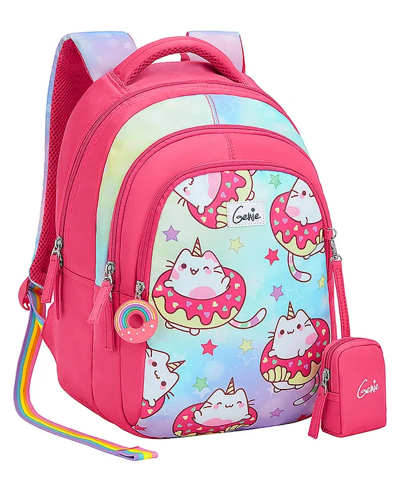 Genie Safari Caticorn 20 Litres School Backpack with Kitty Print Pink Height 15 Inches