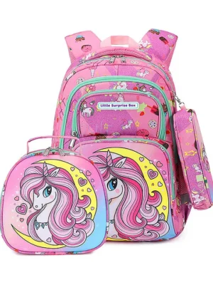 Little Surprise Box Moonlit Unicorn Backpack with Matching Lunch Bag and Stationery Pouch Pink Height 15 Inches