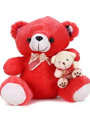 Teddy with Cute Baby Stuffed Soft Plush Toy For Kids Boys & Girls Birthday Gift (Size: Length 28 cm Color: Red)