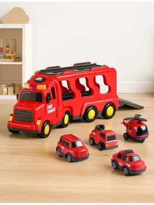 Play Nation 5 In 1 Friction Powered Fire Truck Toy Set With Light & Sound Red Includes 4 Small Rescue Vehicles Gifting Idea Toy for 3+ Years Boys & Girls Nonstop action Imaginative play