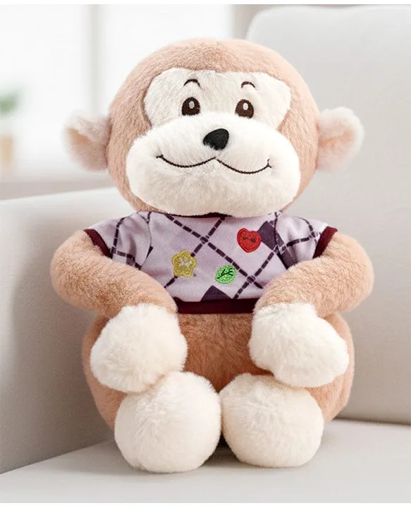 35cm Plush Cute Monkey with Tshirt Soft Toy Brown for Toddler Gifting Boys & Girls Stuffed Animal Baby Safe Cuddle & Travel Partner Super Soft Fabric Room & Car Décor