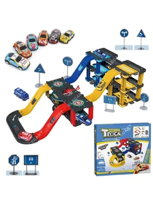 Elecart DIY Track Puzzle Set 58 PCS City Parking Lot Toy with LightUp Mini Car Creative STEM Construction Toy for Boys Educational Plastic Racing Playset for Kids Age 3+