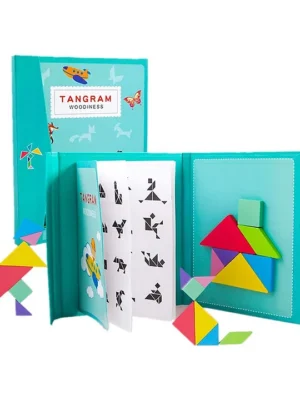 Tangram Travel Game Magnetic Puzzle Book Game Jigsaw Shapes Dissection With Solution Questions Traveler Challenge Iq Educational Toy for kids color design may vary
