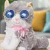 Cute Sitting Cat Wearing Googles & Ribbon Glitter Eye Soft Stuffed Plush Animal Toy for Kids Boys & Girls (Color: Grey & White Size: 20 cm)