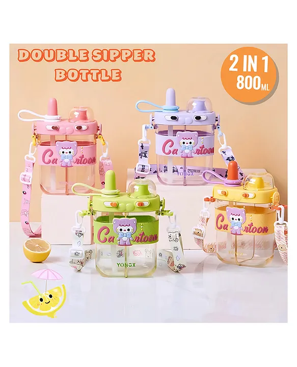 Cute Cartoon Dual Water Bottle 800ml Double Compartment Kids Water Bottle with Strap LeakProof BPAFree Travel Bottle for School Picnic & Outdoor Gift for Kids (Pack 1 Random Colour)
