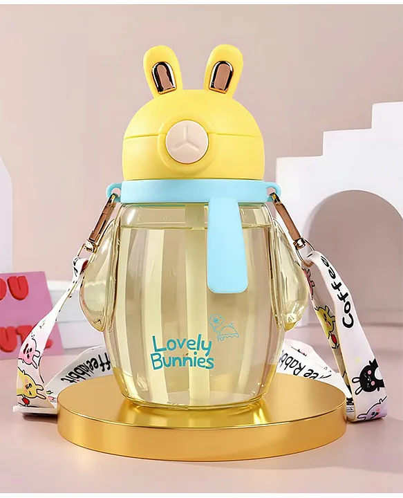 Baybee Lovely Bunnies Kids Water Bottle 600ml BPA Free & Leakproof Safe Sipper Bottle with Straw Cute Rabbit Design Smooth Sipping with Handle & Strap Flip Lid for School Kids & Babys (Yellow)