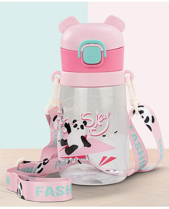 Bamboo Sipper Water Bottle with Straw for Kids Leak Proof Sippy Water Bottle with Adjustable Strap BPA Free & NonToxic 550ml Capacity Drinking Sippy for School Kids Boys Girls (Pink)