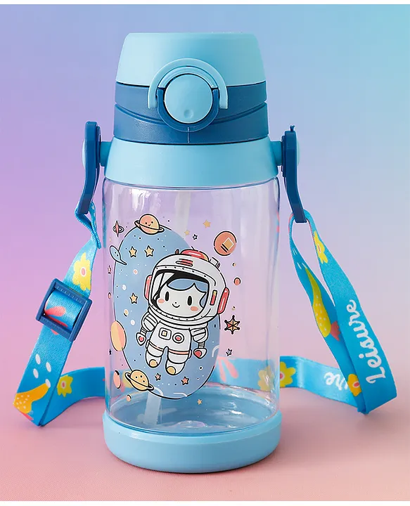 Space Astronaut Print Kids Straw Sipper Bottle 500 ml Blue BPAFree Leak resistant School Water Bottle for Boys & Girls Stylish Flip Lid Straw & Shoulder Strap