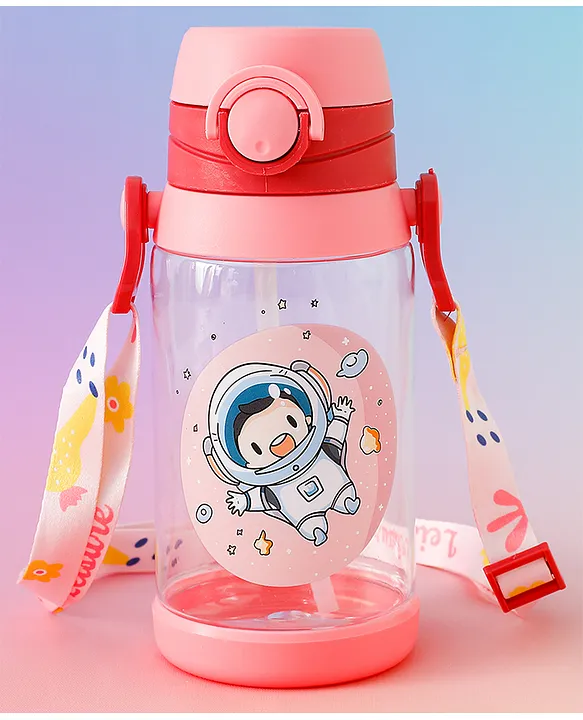 Space Astronaut Print Kids Straw Sipper Bottle 500 ml Pink BPAFree Leak resistant School Water Bottle for Boys & Girls Stylish Flip Lid Straw & Shoulder Strap