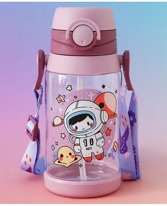 Space Astronaut Print Kids Straw Sipper Bottle 500 ml Purple BPAFree Leak resistant School Water Bottle for Boys & Girls Stylish Flip Lid Straw & Shoulder Strap
