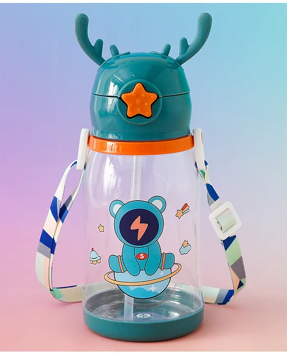 Space Theme Kids Straw Sipper Bottle 600 ml Blue BPAFree Leak resistant School Water Bottle for Boys & Girls Stylish Flip Lid Straw & Shoulder Strap